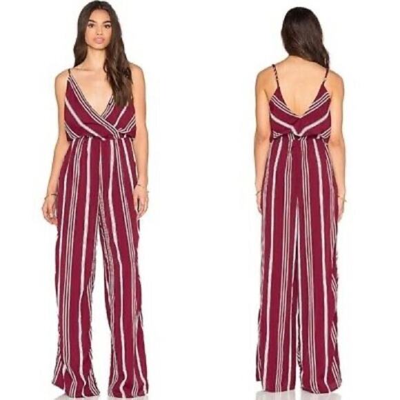Flynn Skye Burgundy Stripe Wrap Spaghetti Boho Wide Leg Jumpsuit XS - Picture 12 of 12